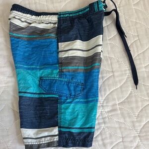 Boys Blue & Teal Striped Swim Trunks